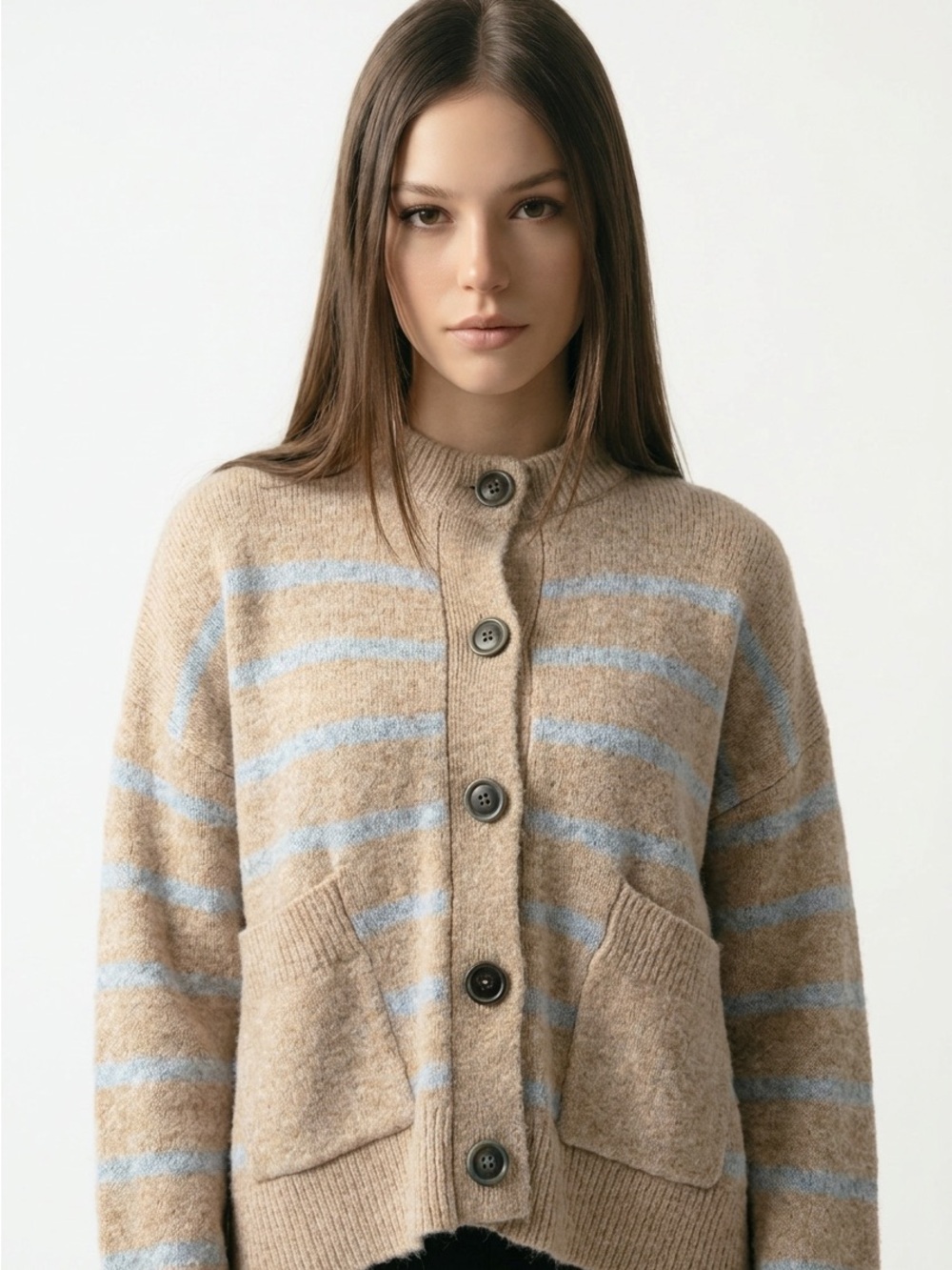 Sonoma Beige and Light Blue Striped Button-Front Cardigan